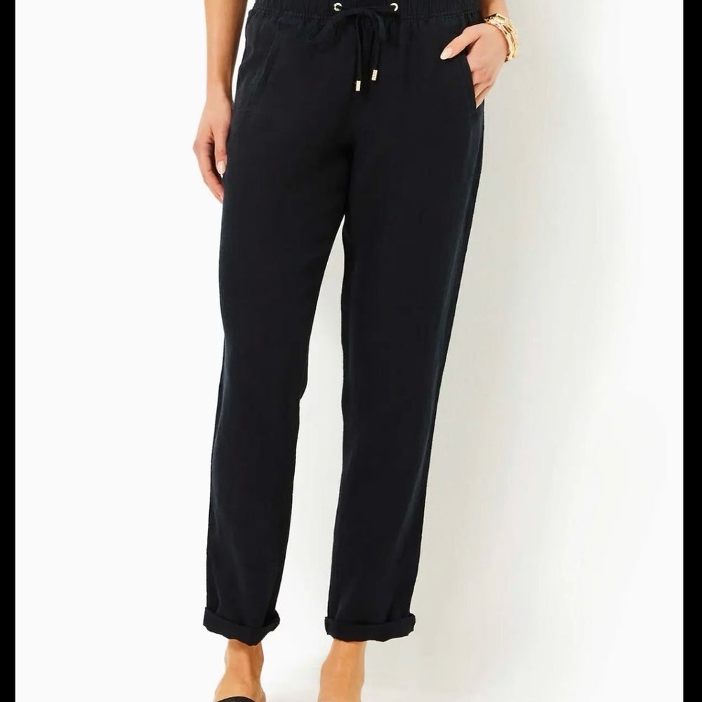 Lily Pulitzer black linen drawstring pants. Size L. 2018 29” inseam.